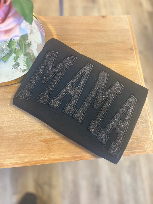 Embroidered Black Glitter Mama Tee