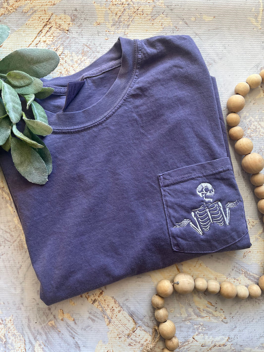 Embroidered Shrugging Skeletons Tee in Grape