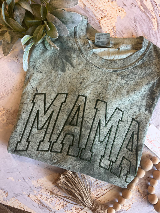 Embroidered Mama Tee in Green Tie Dye