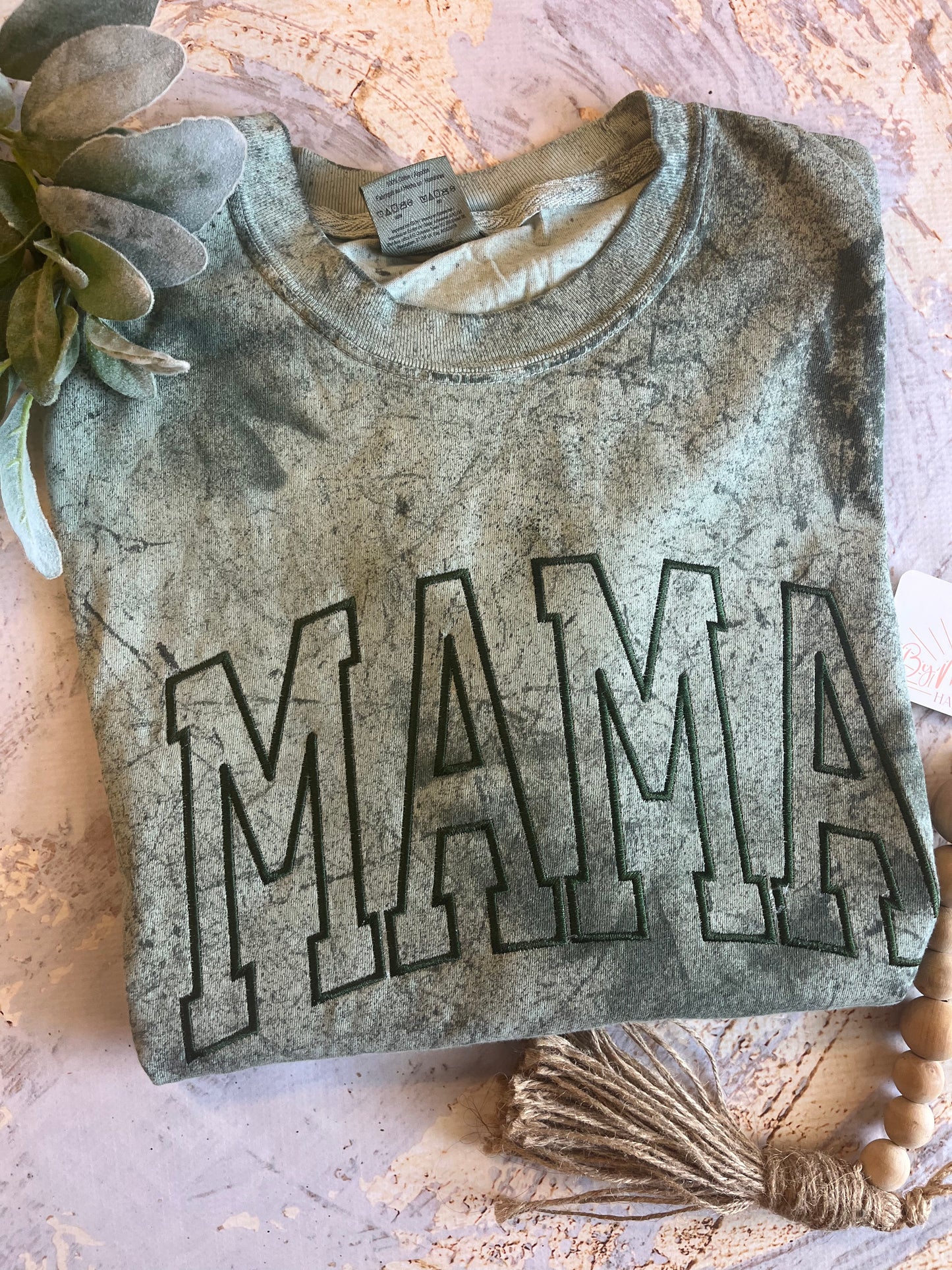 Embroidered Mama Tee in Green Tie Dye