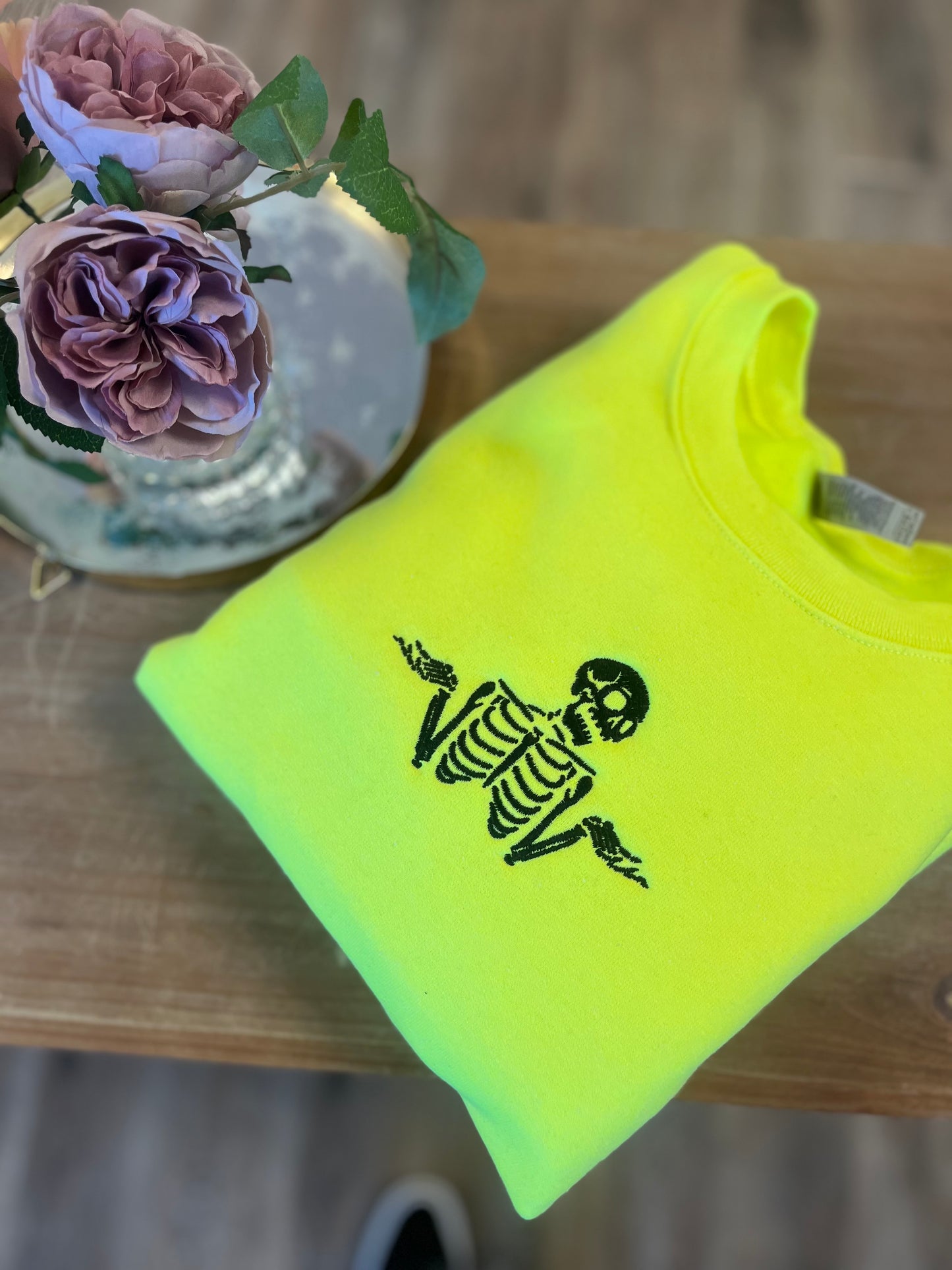 Shrugging Skeleton Sweatshirt — Neon Yellow