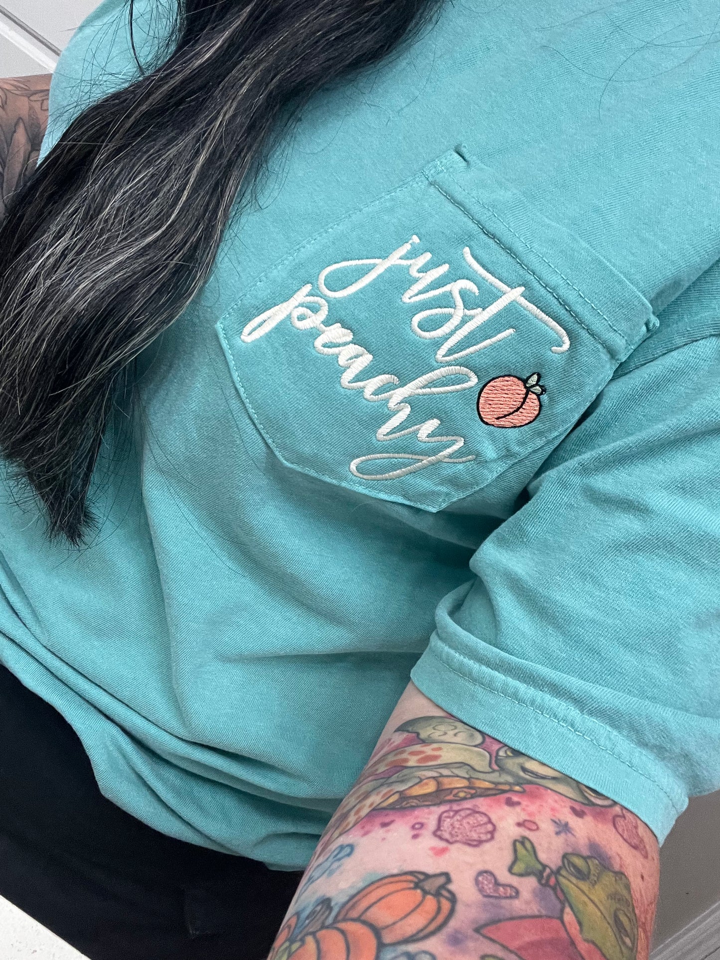 Embroidered Just Peachy Pocket Tshirt