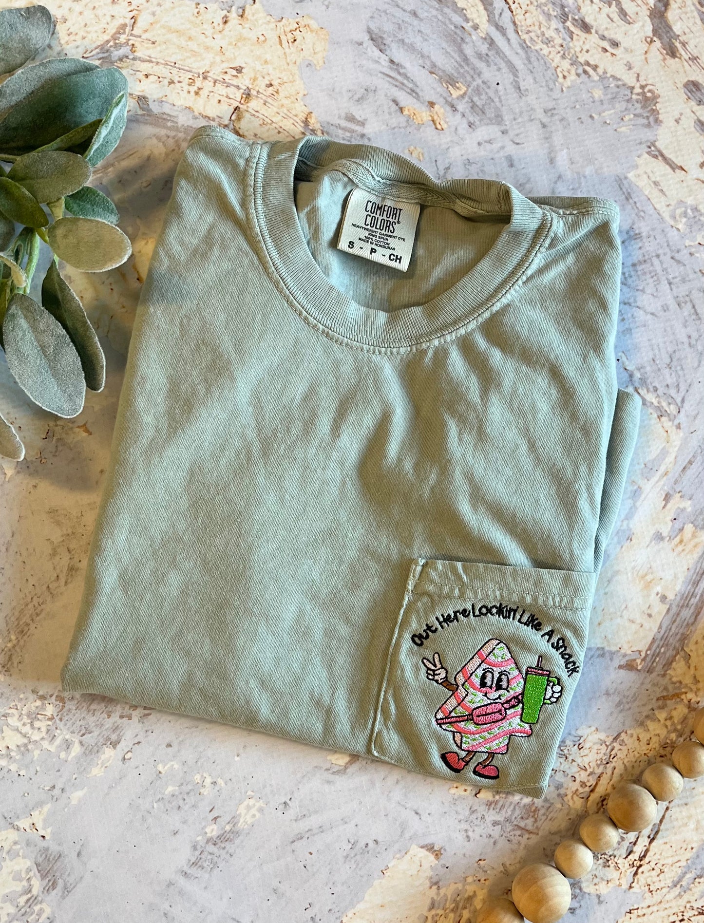 Embroidered Christmas Cake Pocket Tee in Bay