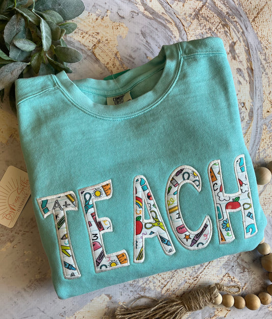 Embroidered Teach Comfort Colors Sweatshirt in Chalky Mint