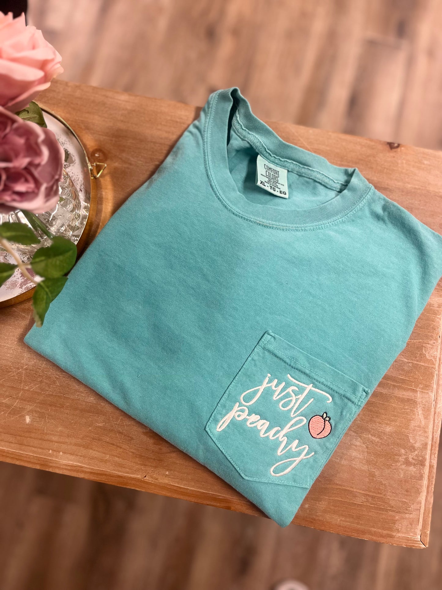 Embroidered Just Peachy Pocket Tshirt