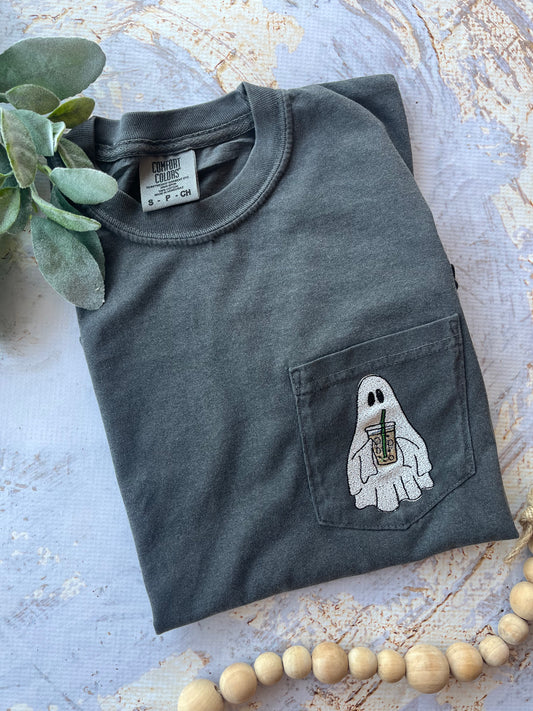 Embroidered Iced Coffee Ghost Tee in Pepper