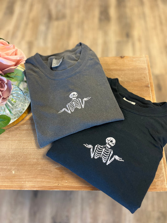 Embroidered Shrugging Skeleton Tshirt