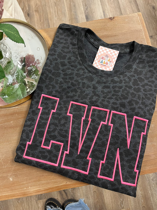 Embroidered LVN Tee in Black Leopard