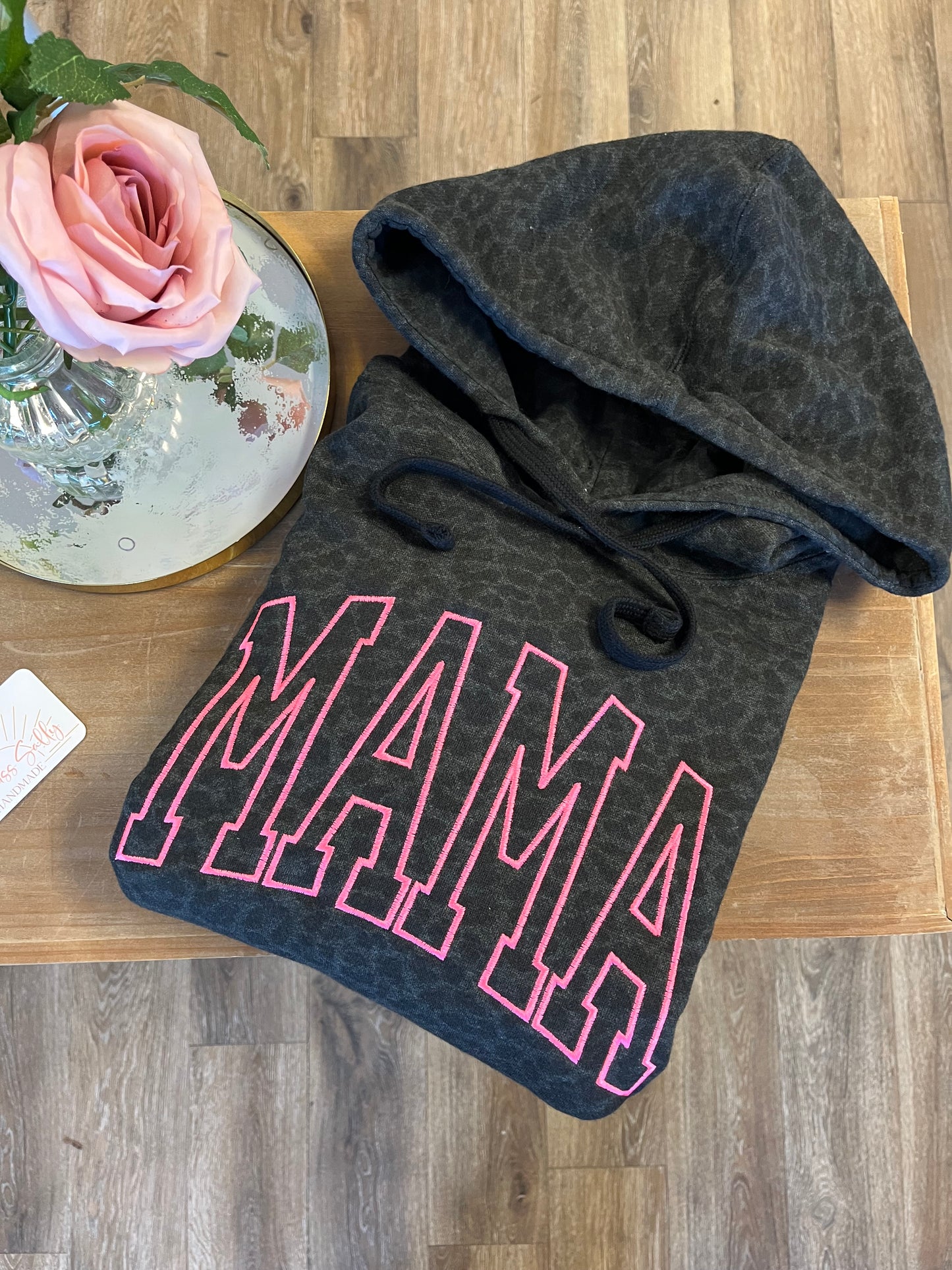 Embroidered Mama Hoodie in Black Leopard