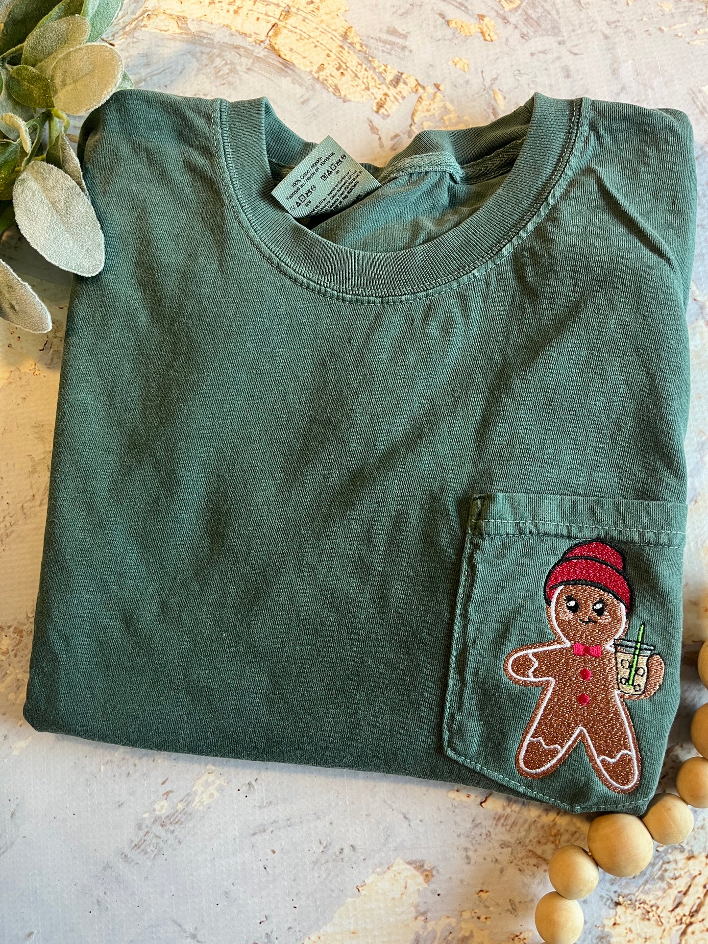 Embroidered Iced Coffee Gingerbread Pocket Tee in Blue Spruce