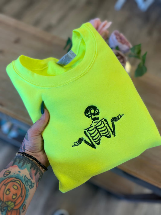 Shrugging Skeleton Sweatshirt — Neon Yellow