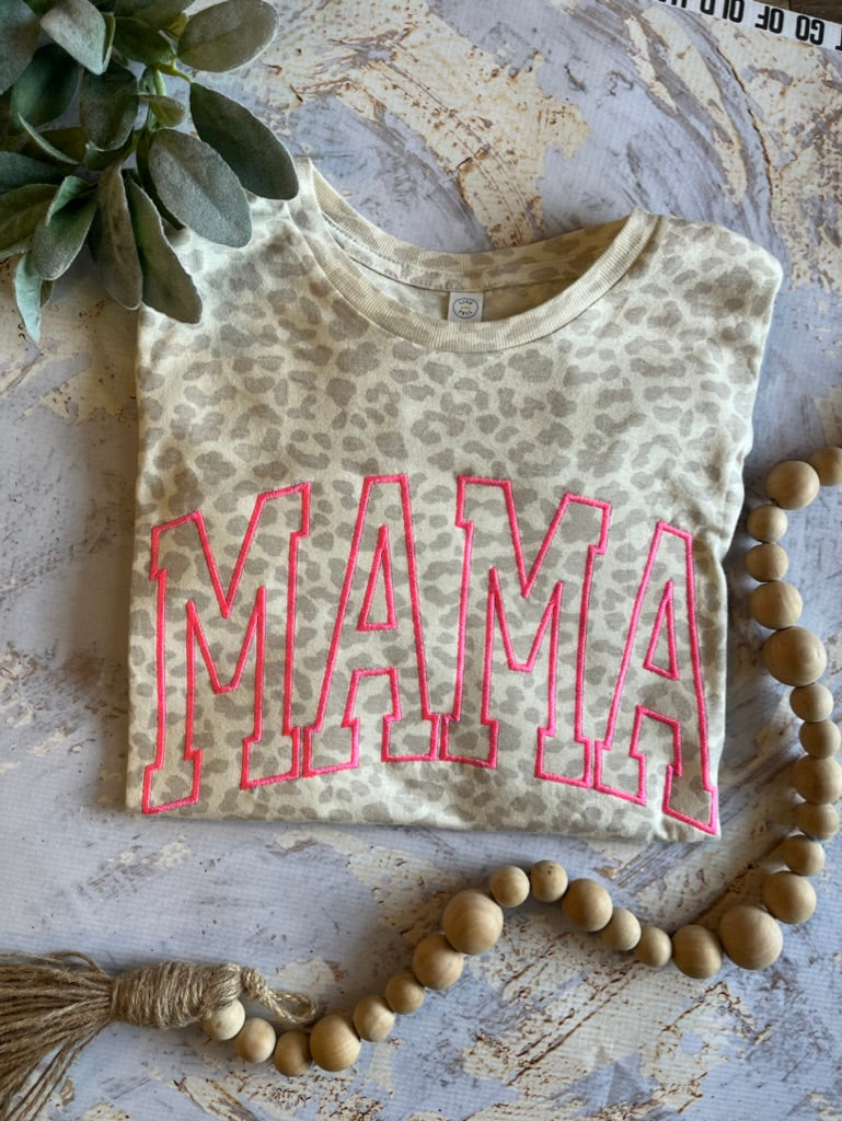 Embroidered Mama Tee in Cream Leopard & Pink