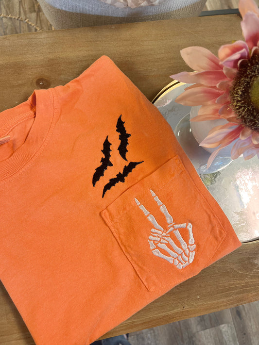 Embroidered Skeleton & Bats Pocket Tee in Burnt Orange
