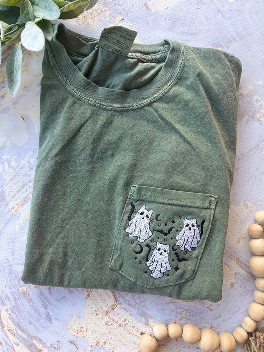 Clearance Embroidered Ghost Cats Tee in Moss
