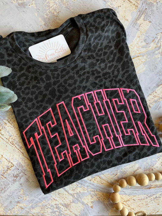 Embroidered Teacher Tee in Black on Black Leopard