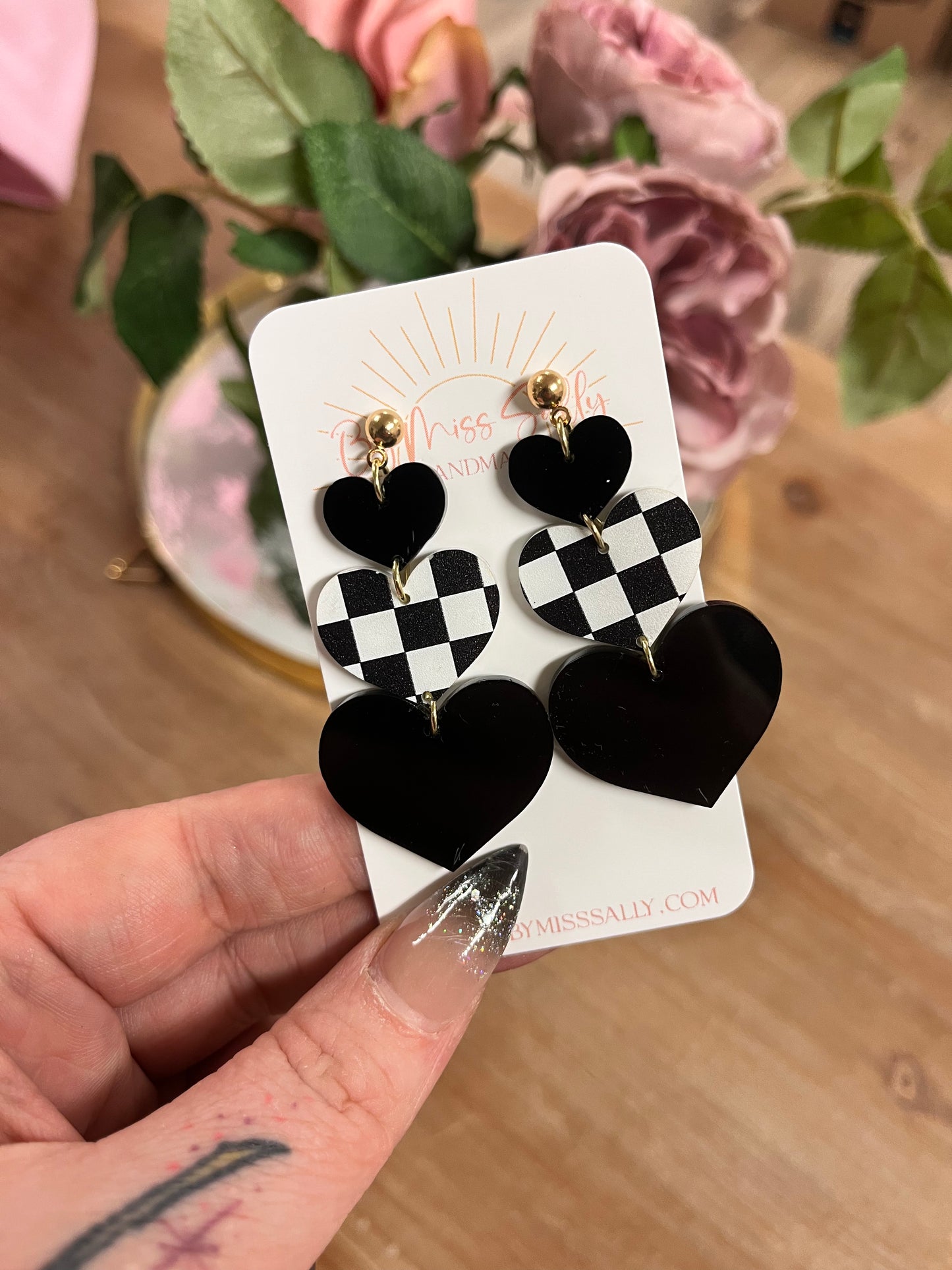 Checkered Heart Stacked Earrings