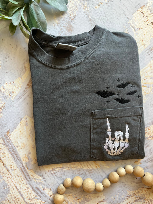 Embroidered Rock Skeleton and Bats in Pepper