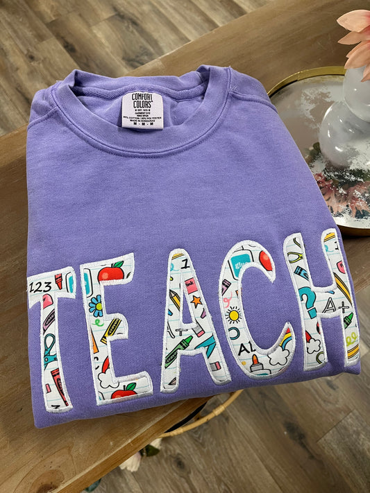 Embroidered Teach Comfort Colors Sweatshirt in Violet