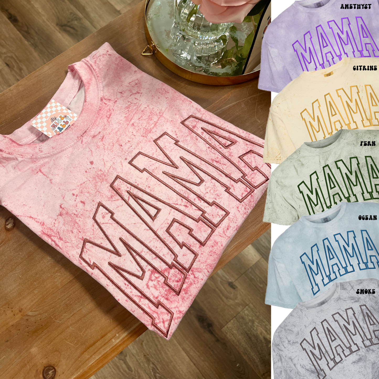 Embroidered Mama Tee in Pink Tie Dye