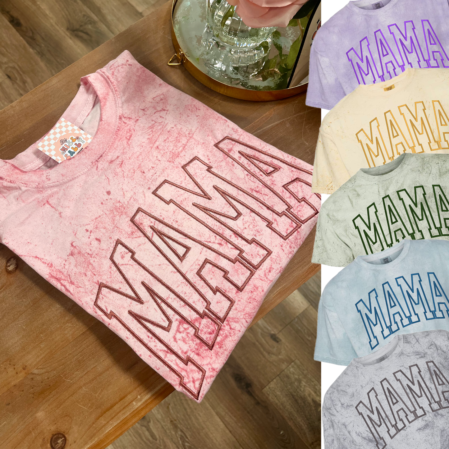 Embroidered Mama Tee in Pink Tie Dye