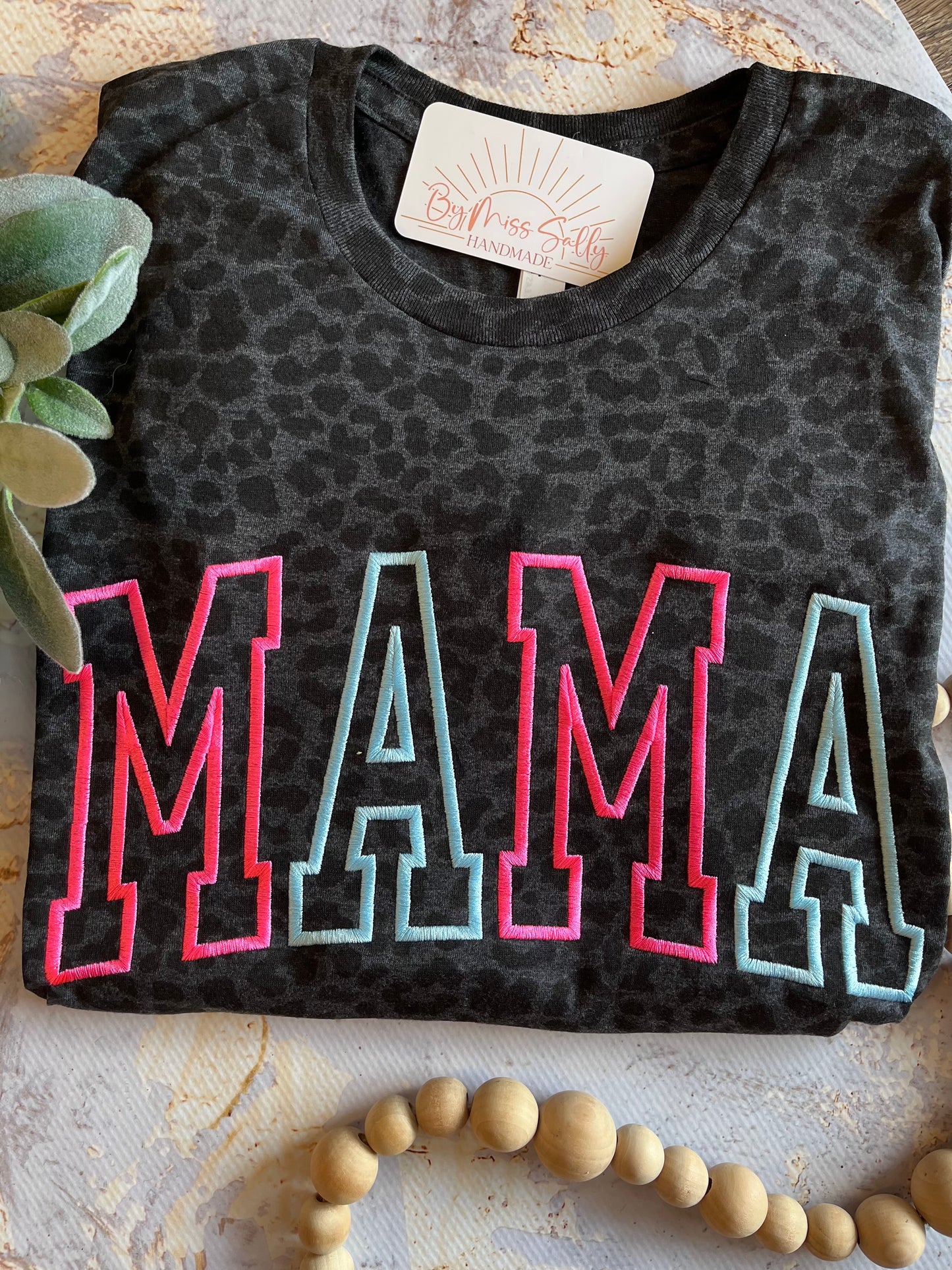 Embroidered Mama Tee - Pink and Blue