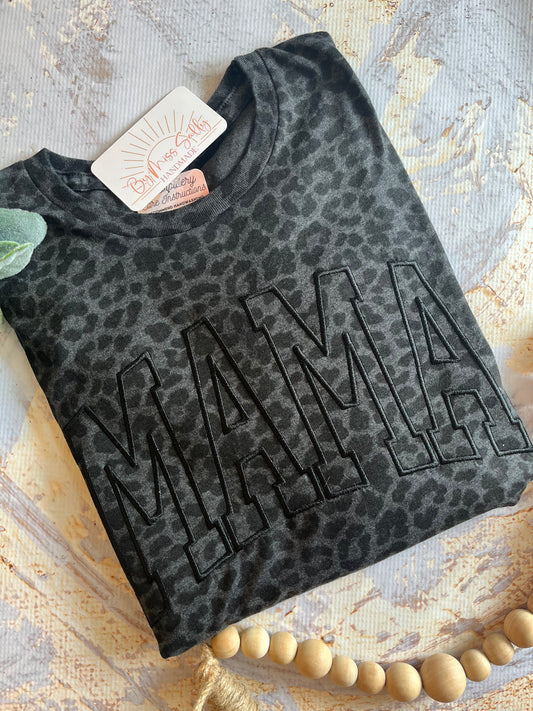 Embroidered Mama Tee in Black on Black Leopard