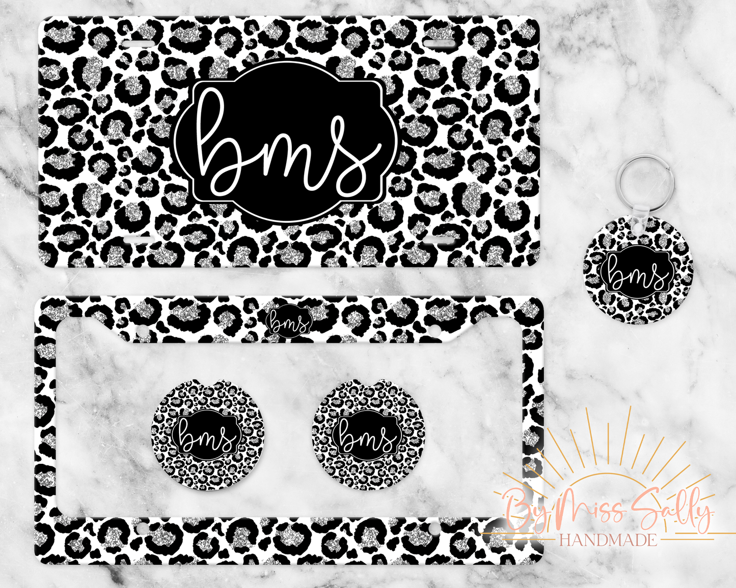 Monogram License Plate Set - Snow Leopard Faux Glitter