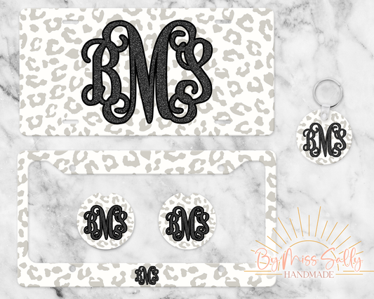 Monogram License Plate in Cream Leopard