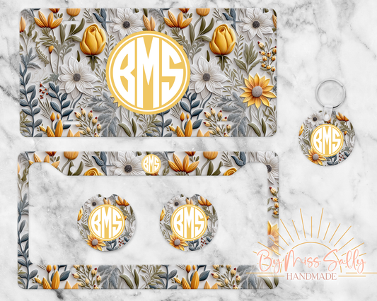 Monogram License Plate Set in Yellow 3D Flowers