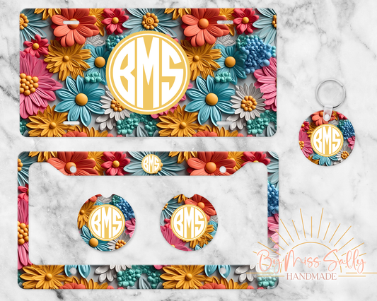 Monogram License Plate Set in 3D Rainbow Daisies