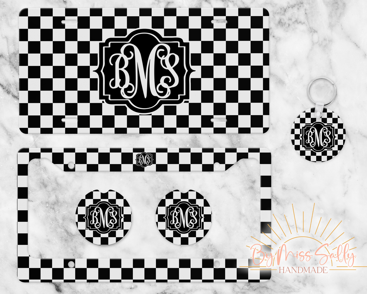 Checkered Monogram License Plate Set