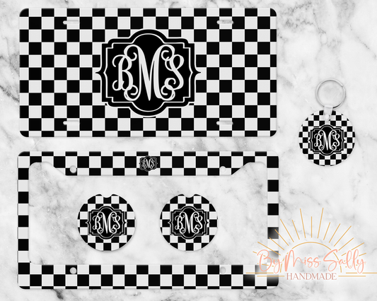 Checkered Monogram License Plate Set