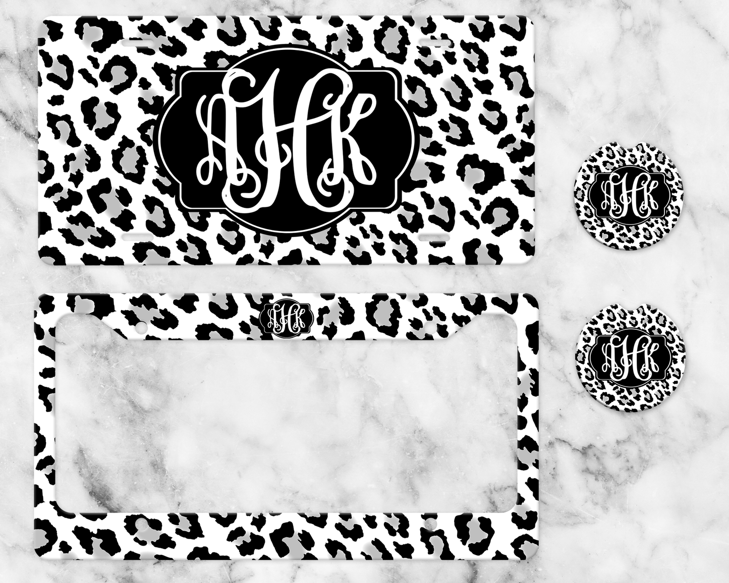 Monogram License Plate Set - Snow Leopard Faux Glitter