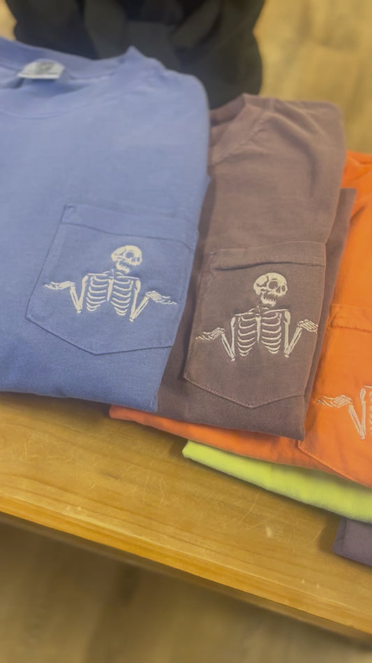 Embroidered Shrugging Skeletons Tee