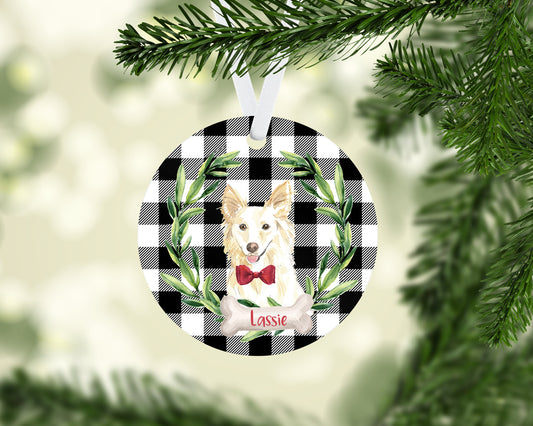 White Collie Ornament, Personalized