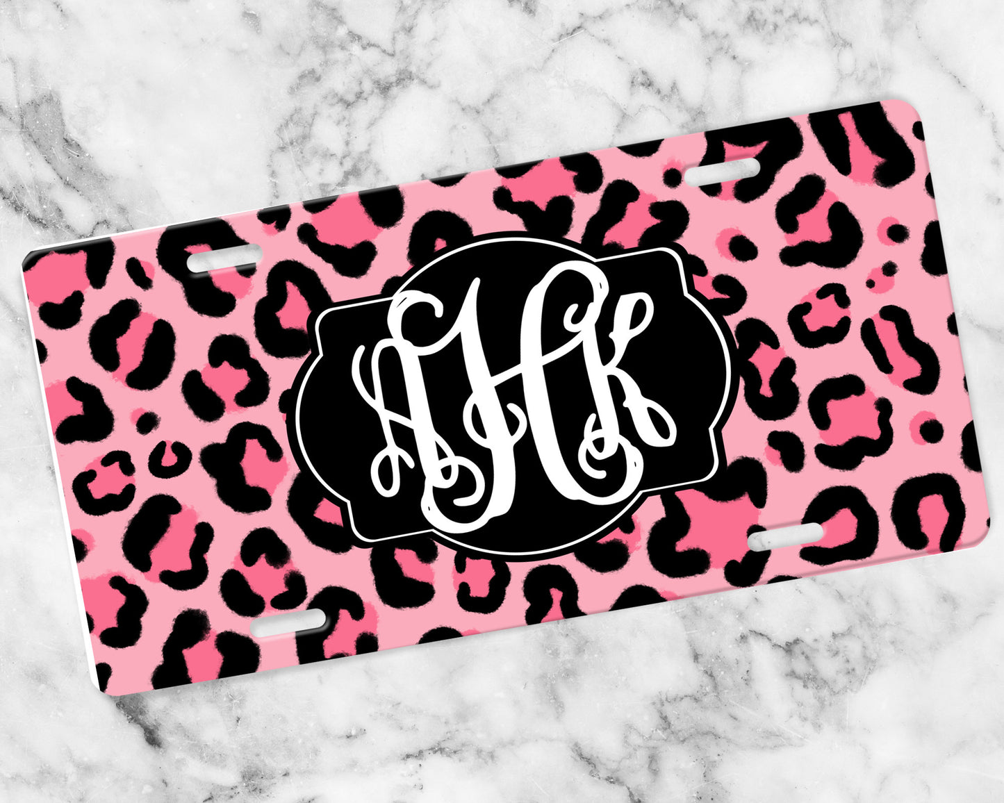 Monogram License Plate - Pink Leopard