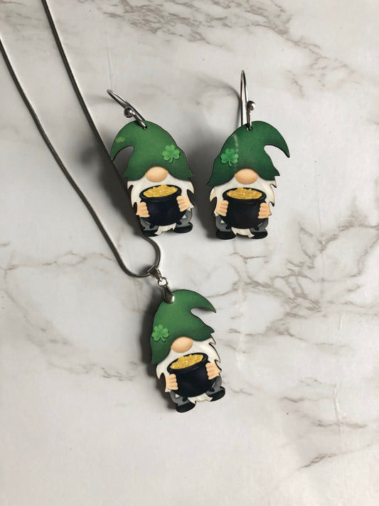 St Patrick’s Day Gnome Necklace & Earrings Set