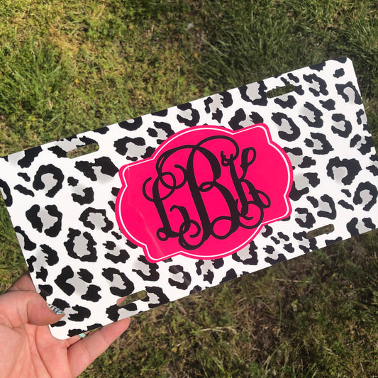 Monogram License Plate - Snow Leopard & Hot Pink