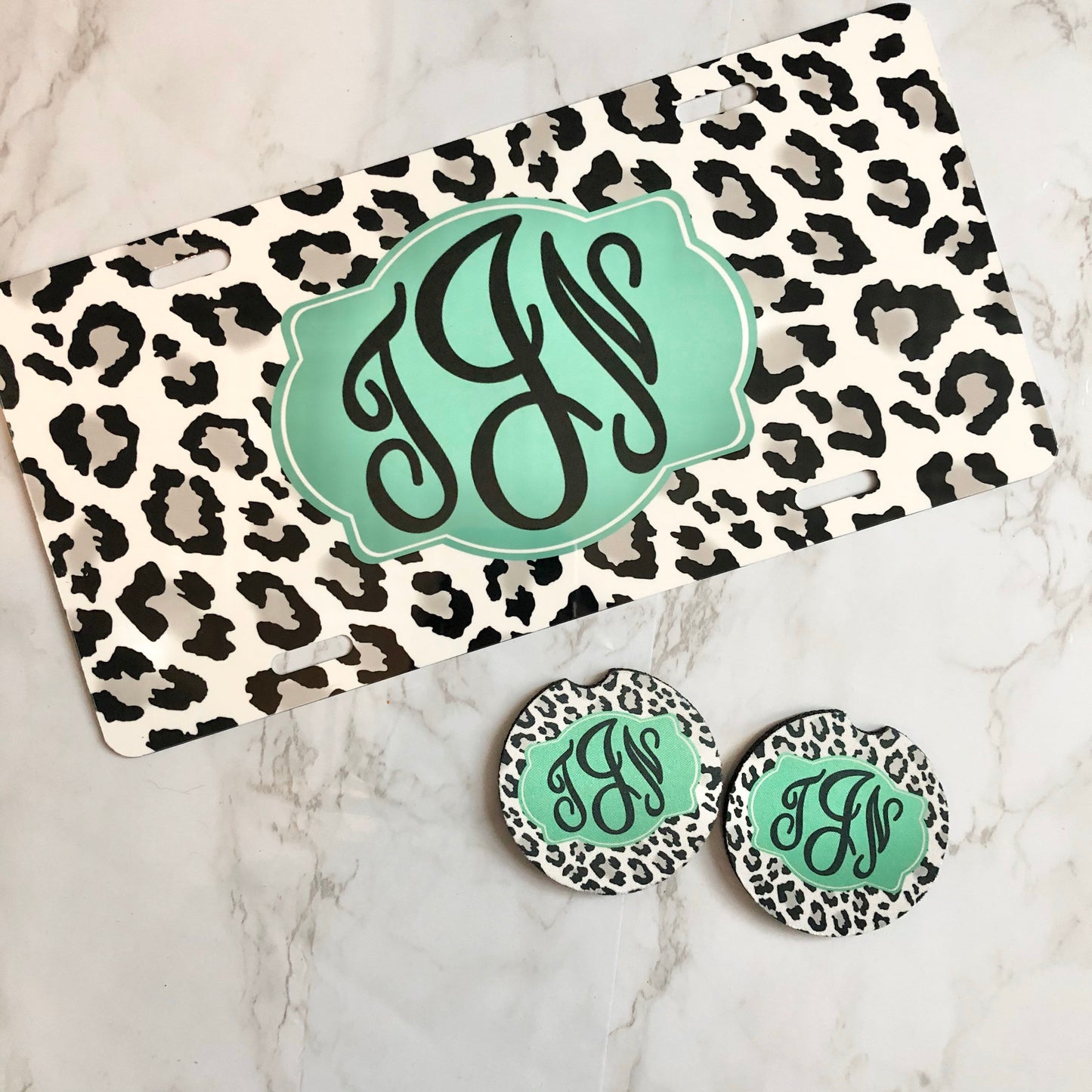 Monogram License Plate - Snow Leopard & Seafoam