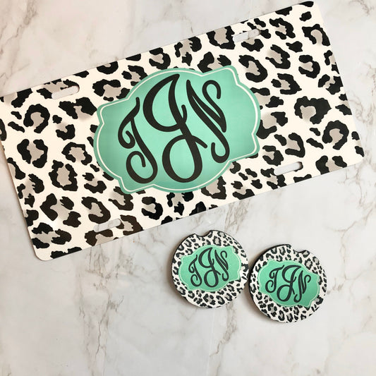 Monogram License Plate - Snow Leopard & Seafoam