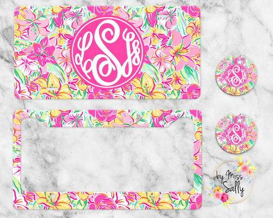 Monogram License Plate - Preppy Lillies