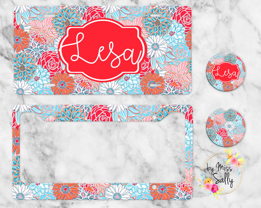 Personalized License Plate Set in Blue & Orange Florals