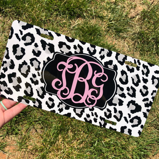 Monogram License Plate - Snow Leopard & Pale Pink Monogram