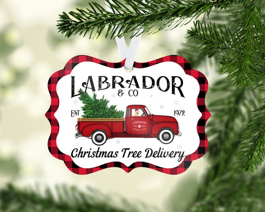 Yellow Labrador Retriever Red Truck Ornament