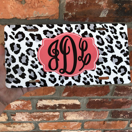 Monogram Car Tag - Snow Leopard & Coral