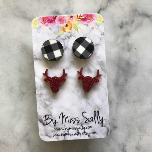 Reindeer Stud Earrings Set in White Buffalo Plaid