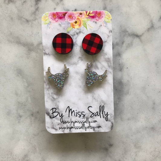 Reindeer Stud Earrings Set in Red Buffalo Plaid