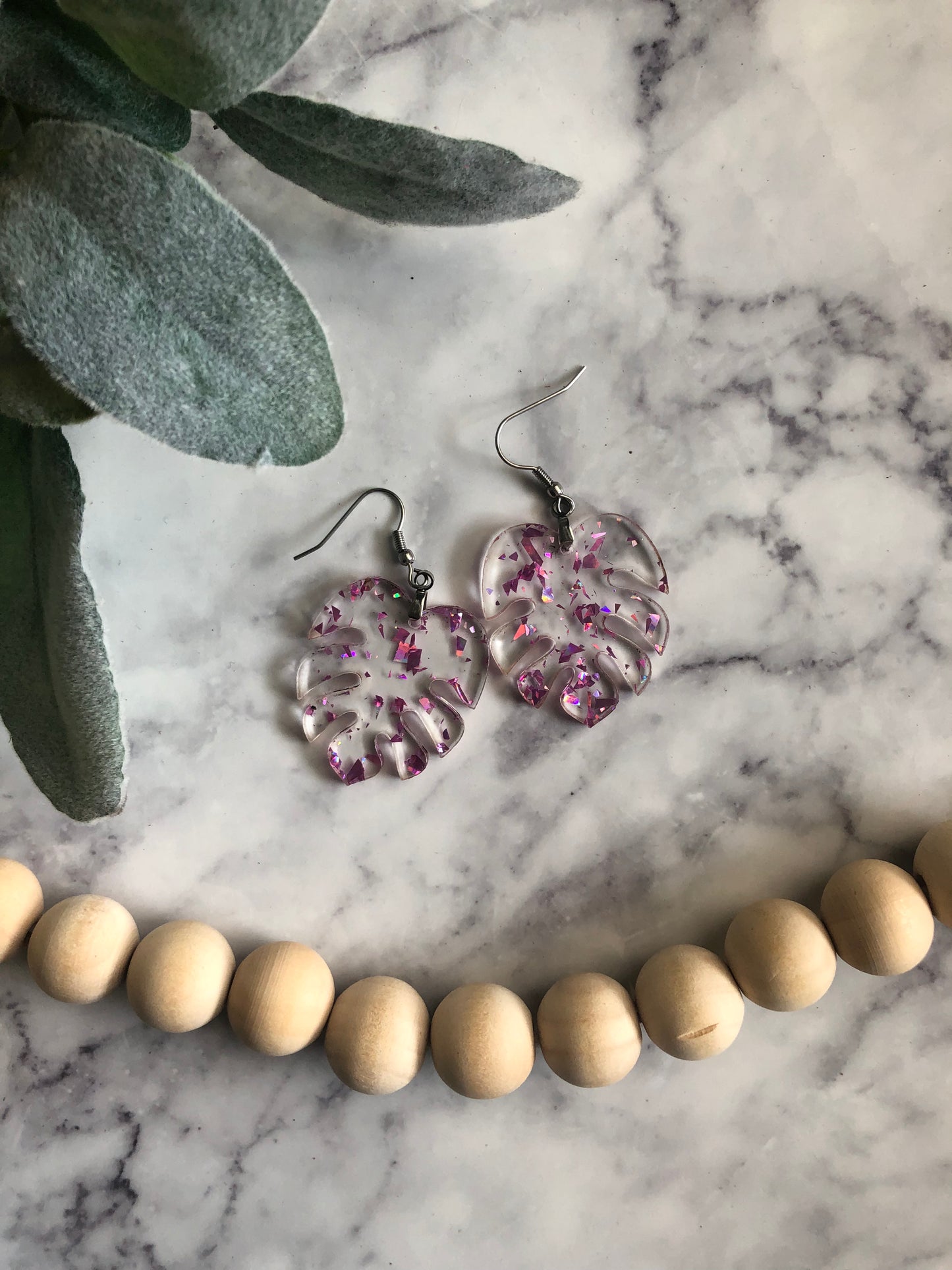 Monstera Leaf Earrings in Pink