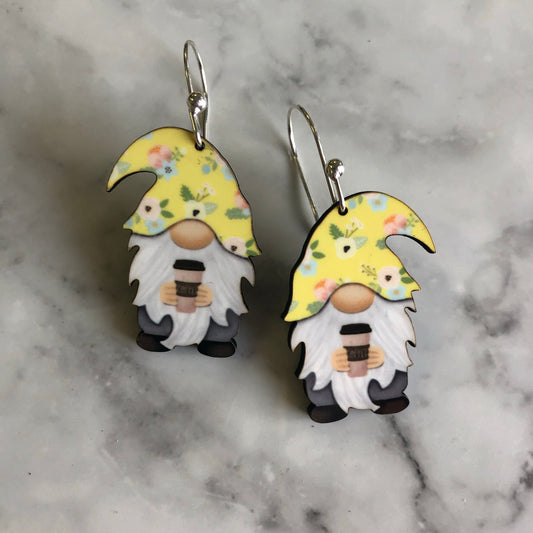 Coffee Gnome Earrings in Yellow Floral