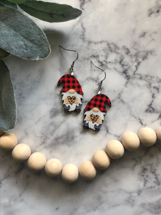 Buffalo Plaid & Leopard Heart Gnome Earrings